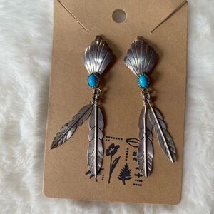 2.25” Sterling Silver Turquoise Feather Drop Earrings - Blue